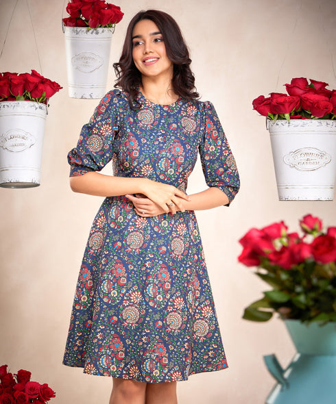 Puffed Sleeve Skater Blue Printed Dress